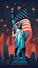 Naklejka premium Greeting card with U.S. flag and statue of Liberty. 4th of July. Independence day of United states. Generative Ai.