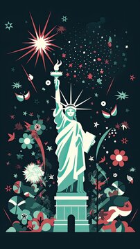 Greeting card with U.S. flag and statue of Liberty. 4th of July. Independence day of United states. Generative Ai.