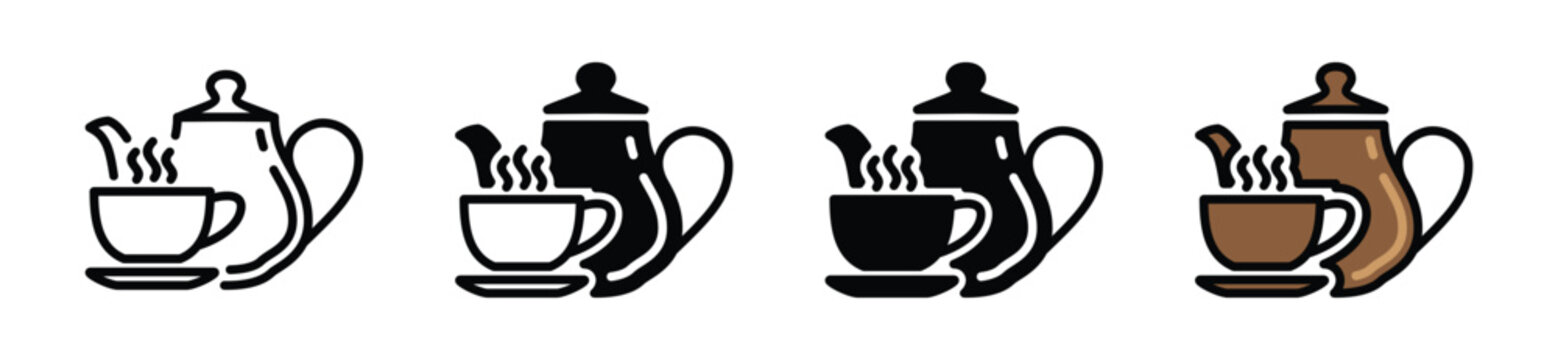 Tea pot with hot drink cup icons vector set. Coffee pot and coffee cup icon in line, flat, and color style. Vector illustration