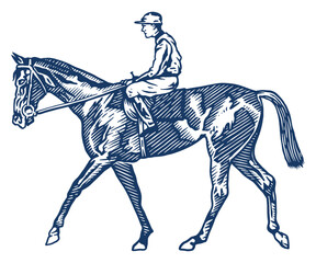 Jockey on racing horse - hand drawn vector illustration