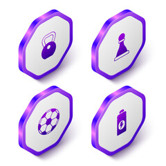 Set Isometric Weight, Chess, Soccer football ball and Fitness shaker icon. Purple hexagon button. Vector