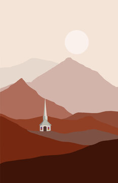 A little white church with a tall steeple is seen nestled in the mountains with a late afternoon sun in the background in this vector image.