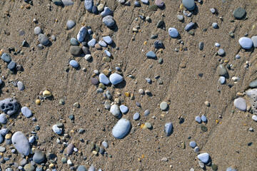Fototapeta na wymiar Piedras y cantos rodados de diferentes colores y tamaños sobre la arena de la playa al sol