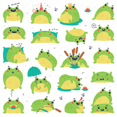 Obraz premium Cute Green Frog or Toad Character Engaged in Different Activity Vector Set