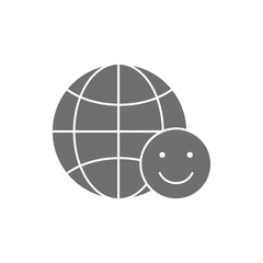 Earth globe with happy face, humanity earth day grey fill icon. Global technology, internet, social network symbol design.
