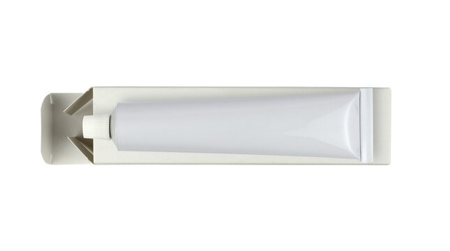 White cream tube mockup on its white box isolated from background - top view