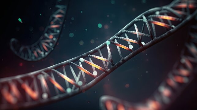 Molecule of DNA, double helix, 3D illustration. Genetic mutation and genetic disorders. Abstract DNA double helix with depth of field. Generative Ai