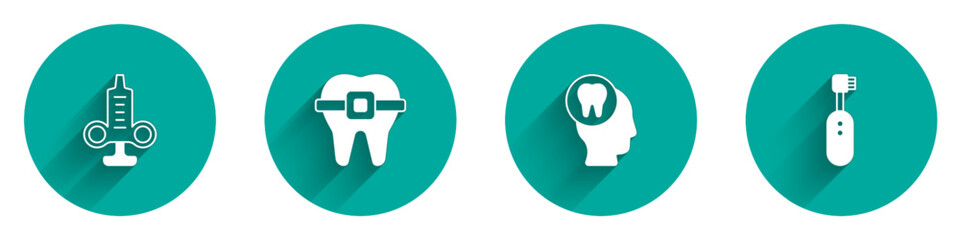 Set Syringe, Teeth with braces, Toothache and Electric toothbrush icon with long shadow. Vector