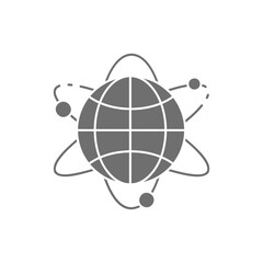 Globe earth with orbit, internet, atom grey fill icon. Global technology, internet, social network symbol design.