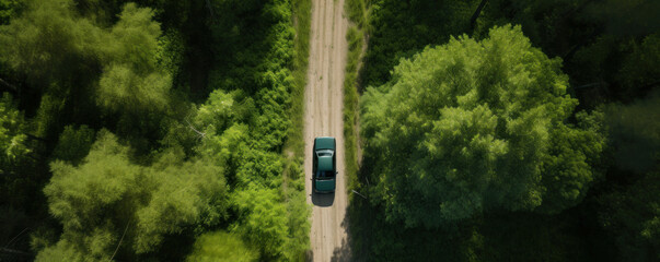 A drone shot of a car driving on an asphalt highway surrounded by verdant forest. Nature, travel, and transportation concept. AI Generative.