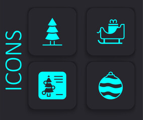 Set Christmas ball, tree, santa claus sleigh and postcard icon. Black square button. Vector