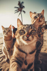Cats friends taking a selfie during beach trip, Generative AI