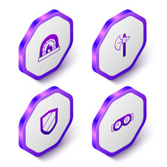Set Isometric Blacksmith oven, Medieval axe, Shield and Welding glasses icon. Purple hexagon button. Vector
