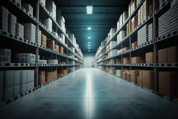 Obraz premium Aisle of modern mega warehouse, AI generated