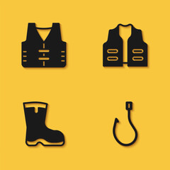 Set Fishing jacket, hook, boots and icon with long shadow. Vector