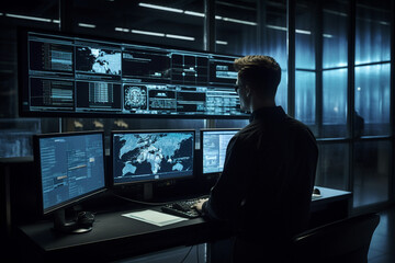 GENERATIVE AI Cybersecurity expert monitoring an advanced security system