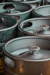 Full stainless steel beer kegs stored
