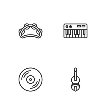 Set line Violin, Vinyl disk, Tambourine and Music synthesizer icon. Vector