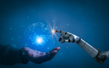hand holding a brain and Smart robot finger taps globe icon Shows how to connect big data to create something, the concept of artificial intelligence (Ai) and digital transformation technology