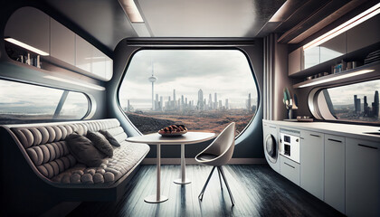 casa futurista compacta com janela com vista pra cidade sala e cozinha 