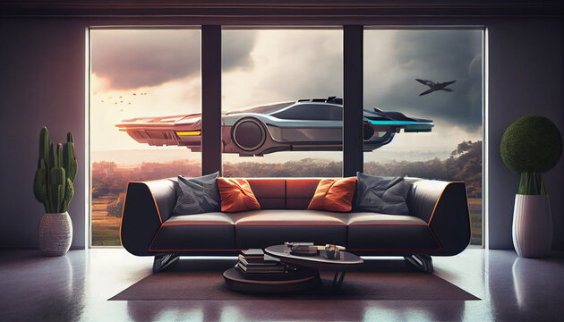 sala futurista com janela com carro voador passando