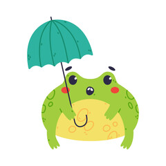 Cute Fat Green Frog or Toad Character with Umbrella Vector Illustration