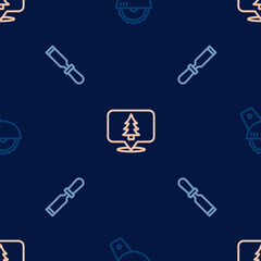 Set line Electric circular saw, Chisel tool and Location of the forest on seamless pattern. Vector