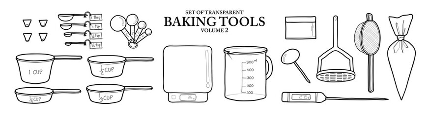 Cute hand drawn isolated black outline cooking tools on transparent background png file (Volume 2)