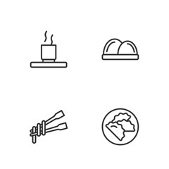 Set line Dumpling, Food chopsticks with noodles, Cup of tea and Sushi icon. Vector