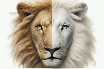 Lion face illustration, half albino, white background. Generative AI