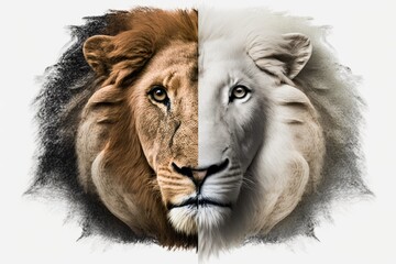 Lion face illustration, half albino, white background. Generative AI