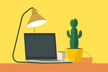 Desk illustration with computer luminaire and cactus, flat style, blue background. Generative AI