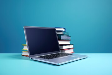 Laptop and books illustration, technology and knowledge concept, blue background. Generative AI