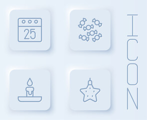 Set line Christmas day calendar, Candy, Burning candle and star. White square button. Vector