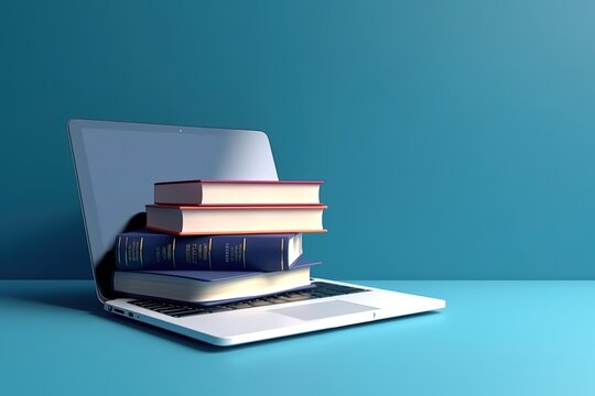 Laptop and books illustration, technology and knowledge concept, blue background. Generative AI