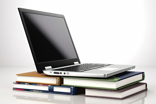 Laptop and books illustration, technology and knowledge concept, white background. Generative AI