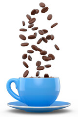 Ceramic coffee cup with coffee beans for americano, espresso, latte on white