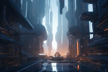 A futuristic cityscape with towering skyscrapers, Generative AI