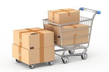 Illustration of shopping cart and cardboard boxes, online store concept, background. Generative AI
