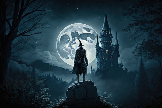 Witcher illustration from the back, medieval castle in the background, fantasy concept. Generative AI