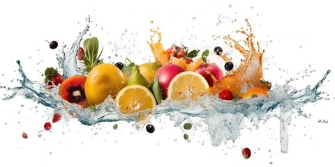 Flying healthy food explosion with water splash, concept of Healthy Eating and Creative Photography, created with Generative AI technology