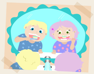 Girl and boy bathroom brushing teeth observe oral hygiene