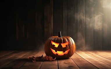  spooky halloween pumpkin, Jack O Lantern, with an evil face and eyes on a wooden bench, table with a misty night background with space for product placement. Generative Ai.