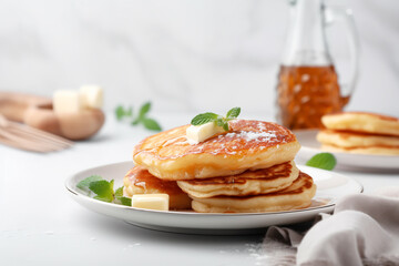 Plate with tasty cottage cheese pancakes on light table. ai generative - obrazy, fototapety, plakaty