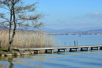 Annecy lake landscape, view from st jorioz on mountains , lake, pontoon and reeds - 591212709