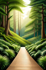 Deep forest with wooden path. AI generated.