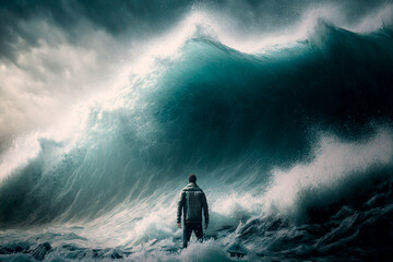 Disheartened Man Standing in the Midst of Turbulent Crashing Waves. Generative AI