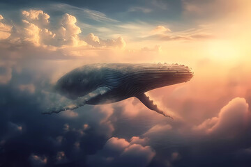 a whale swims through the sky, Generative AI - obrazy, fototapety, plakaty
