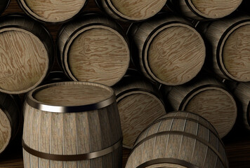 Wooden Barrel Podium to present product and stack of barrels in the background.