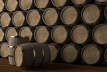 Wooden Barrel Podium to present product and stack of barrels in the background.